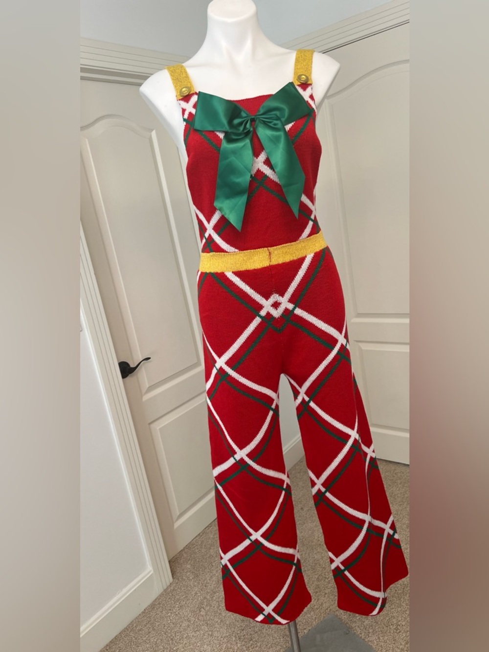 love on a hanger Red Plaid Knit Jumpsuit with Green Bow and Gold Metallic Waist